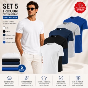 Set 5 Tricouri Bărbat Bumbac 100% | alb,negru,albastru marin gri deschis , si albastru regal | Transport Gratuit