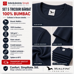 Set 5 tricouri bărbat Malfini Basic Clasic, 100% bumbac, regular fit, 48 culori, mărimi XS–5XL - Img 2