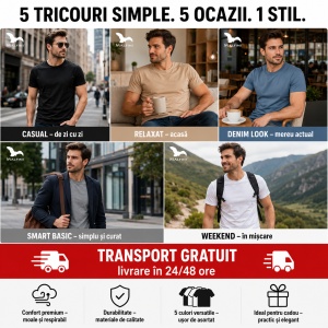 Set 5 Tricouri Bărbați 100% Bumbac – Alb, Negru, Nisip, Denim și Gri | S-3XL - Img 9