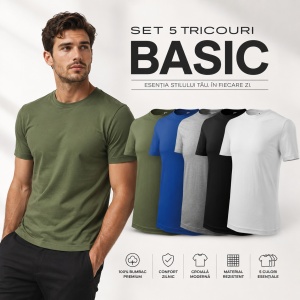 Set 5 Tricouri Bărbați 100% Bumbac – Khaki, Albastru Regal, Gri Închis, Negru și Alb | S-3XL