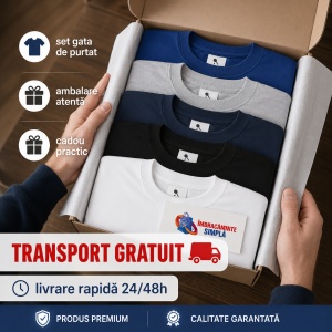 Set 5 tricouri bumbac 100% simplu clasic pentru barbati, Alb, Negru, Albastru Marin, Gri, Albastru-132 - Img 10
