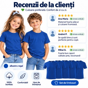 Set 5 Tricouri Copii Albastru Regal, 100% Bumbac, pentru Băiat și Fată, Școală, Sport și Joacă - Img 5
