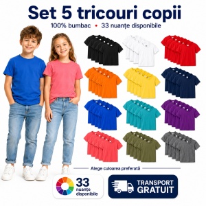 Set 5 tricouri copii din bumbac 100% – fete și băieți, 33 nuanțe disponibile