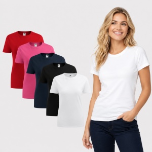 Set 5 Tricouri Damă din Bumbac 100% pentru femei 133 - Rosu, Roz, Albastru Marin, Negru, Alb