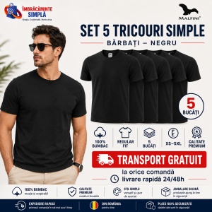 Set 5 tricouri negre din bumbac 100%, clasic si lejer la purtare pentru barbati, Negru P73