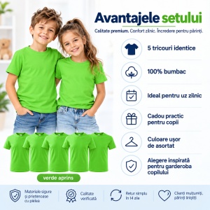 Set 5 Tricouri pentru Copii, 100% Bumbac, Verde Măr, Confortabile și Respirabile - Img 2