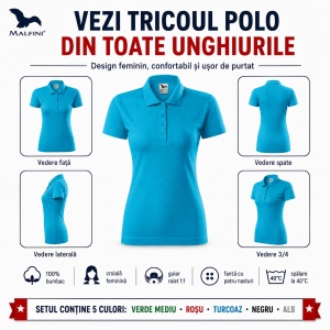 Set 5 Tricouri Polo Damă Malfini, 100% Bumbac – Alb, Negru, Verde, Roșu, Turcoaz - Img 5