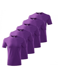 Set de cinci tricouri violet așezate în rând, prezentate pe fundal alb