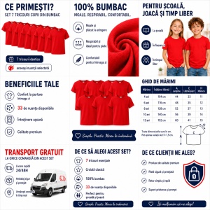Set 7 Tricouri Copii din Bumbac 100% – Mânecă Scurtă, 33 Nuanțe, Fete și Băieți - Img 2