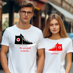 Un cuplu purtând tricouri albe personalizate. Tricoul bărbatului are un pantof negru și textul 'Mi-am găsit în sfârșit...', iar tricoul femeii are un pantof roșu și textul '... perechea!'.