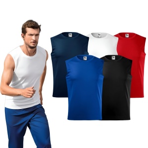 Barbat imbracat in tricou sport fara maneci de culoare alb prezentand culorile disponibile rosu, albastru, negru, alb