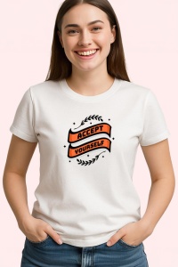Tricou Accept Yourself Mesaj Motivational Banda Portocalie, din bumbac 100% , tricou alb pentru Dama | Barbat - Img 2