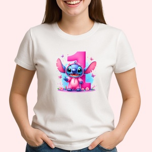 Tricou Alfabet Cifra 1 cu Stitch Roz fericit, explozie de culori, Alb, Unisex Dama si Barbat | Copii