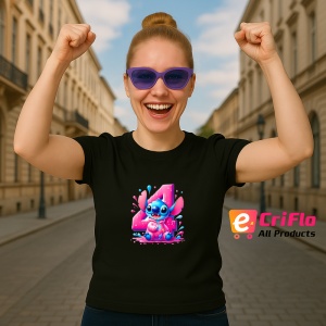 Tricou Alfabet Cifra 4 cu Lilo si Stitch albastru, veselie mare, Negru, Unisex Dama si Barbat | Copii - Img 6