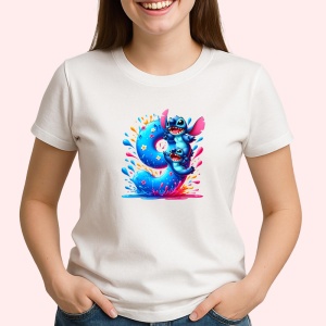 Tricou Alfabet CIfra 9 cu Lilo si Stitch albastru, veselie mare, Alb, Unisex Dama si Barbat | Copii