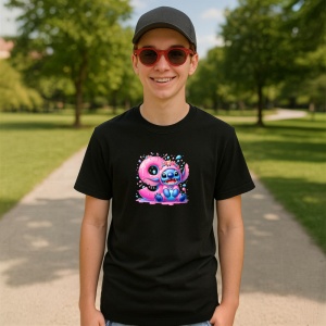 Tricou Alfabet CIfra 9 cu Lilo si Stitch albastru, veselie mare, Negru, Unisex Dama si Barbat | Copii - Img 7