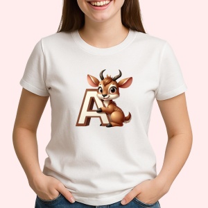 Tricou Alfabet Litera A cu animal Antilop Antilopa , Alb, Unisex Dama si Barbat | Copii - Img 2
