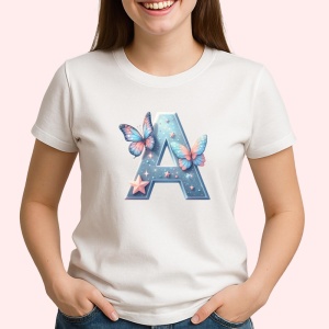 Tricou Alfabet Litera A cu fluturi colorati, stele aurii, flori colorate, Alb, Unisex Dama si Barbat | Copii
