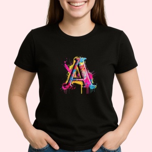 Tricou Alfabet Litera A cu graffiti, design exploziv, arta urbana, Negru, Unisex Dama si Barbat | Copii
