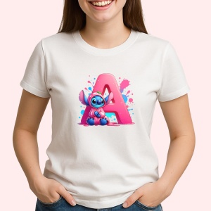 Tricou Alfabet Litera A cu Stitch Roz fericit, explozie de culori, Alb, Unisex Dama si Barbat | Copii