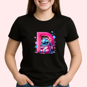 Tricou Alfabet Litera D cu Stitch Roz fericit, explozie de culori, Negru, Unisex Dama si Barbat | Copii