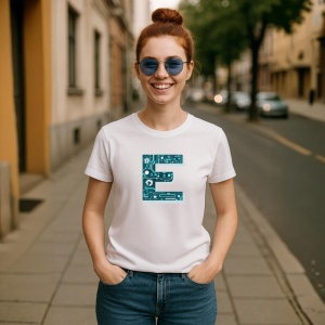 Tricou Alfabet Litera E cu circuite, cyber, tehnologie, Alb, Unisex Dama si Barbat | Copii - Img 3