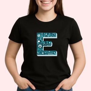 Tricou Alfabet Litera E cu circuite, cyber, tehnologie, Negru, Unisex Dama si Barbat | Copii