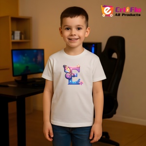 Tricou Alfabet Litera E cu fluturi colorati, stele aurii, flori colorate, Alb, Unisex Dama si Barbat | Copii - Img 7