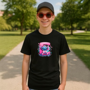 Tricou Alfabet Litera E cu Stitch Roz fericit, explozie de culori, Negru, Unisex Dama si Barbat | Copii - Img 4