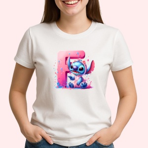 Tricou Alfabet Litera F cu Stitch Roz fericit, explozie de culori, Alb, Unisex Dama si Barbat | Copii
