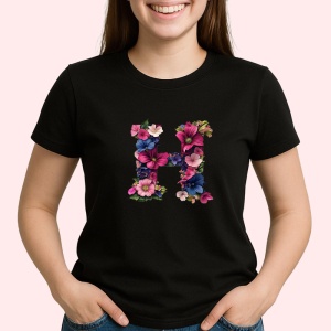 Tricou Alfabet Litera H cu flori, margarete, flori colorate, Negru, Unisex Dama si Barbat | Copii