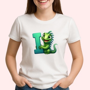 Tricou Alfabet Litera I cu animal Iguana , Alb, Unisex Dama si Barbat | Copii - Img 2