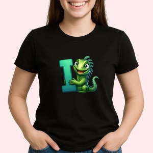 Tricou Alfabet Litera I cu animal Iguana, Negru, Unisex Dama si Barbat | Copii