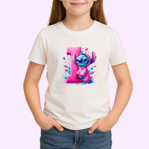 Tricou Alfabet Litera I cu Stitch Roz fericit, explozie de culori, Alb, Unisex Dama si Barbat | Copii - Img 2