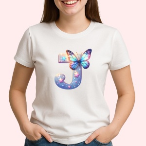 Tricou Alfabet Litera J cu fluturi colorati, stele aurii, flori colorate, Alb, Unisex Dama si Barbat | Copii