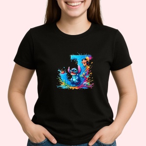 Tricou Alfabet Litera J cu Lilo si Stitch albastru, veselie mare, Mare, Negru, Unisex Dama si Barbat | Copii - Img 2