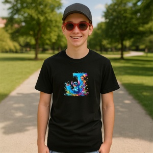 Tricou Alfabet Litera J cu Lilo si Stitch albastru, veselie mare, Mare, Negru, Unisex Dama si Barbat | Copii - Img 7