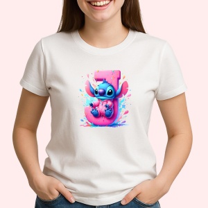 Tricou Alfabet Litera J cu Stitch Roz fericit, explozie de culori, Alb, Unisex Dama si Barbat | Copii