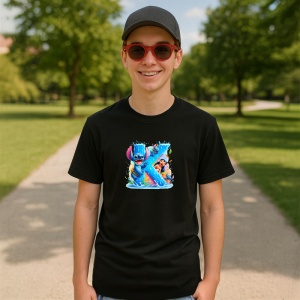 Tricou Alfabet Litera K cu Lilo si Stitch albastru, veselie mare, Mare, Negru, Unisex Dama si Barbat | Copii - Img 7