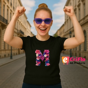 Tricou Alfabet Litera M cu flori, margarete, flori colorate, Negru, Unisex Dama si Barbat | Copii - Img 3