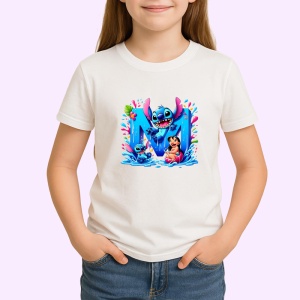 Tricou Alfabet Litera M cu Lilo si Stitch albastru, veselie mare, Alb, Unisex Dama si Barbat | Copii - Img 2