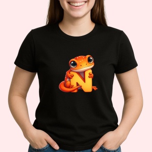 Tricou Alfabet Litera N cu animal Newt Triton, Negru, Unisex Dama si Barbat | Copii