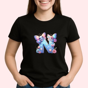 Tricou Alfabet Litera N cu fluturi colorati, stele aurii, flori colorate, Negru, Unisex Dama si Barbat | Copii