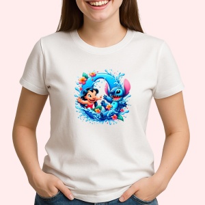 Tricou Alfabet Litera O cu Lilo si Stitch albastru, veselie mare, Alb, Unisex Dama si Barbat | Copii