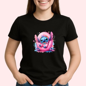 Tricou Alfabet Litera O cu Stitch Roz fericit, explozie de culori, Negru, Unisex Dama si Barbat | Copii