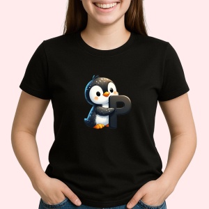 Tricou Alfabet Litera P cu animal Penguin Pinguin, Negru, Unisex Dama si Barbat | Copii