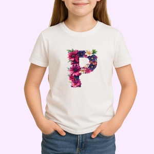 Tricou Alfabet Litera P cu flori, margarete, flori colorate, Alb, Unisex Dama si Barbat | Copii - Img 2