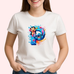 Tricou Alfabet Litera P cu Lilo si Stitch albastru, veselie mare, Alb, Unisex Dama si Barbat | Copii