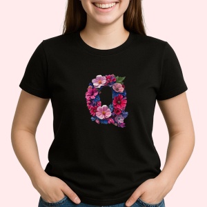 Tricou Alfabet Litera Q cu flori, margarete, flori colorate, Negru, Unisex Dama si Barbat | Copii