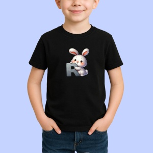 Tricou Alfabet Litera R cu animal Rabbit Iepure, Negru, Unisex Dama si Barbat | Copii - Img 2